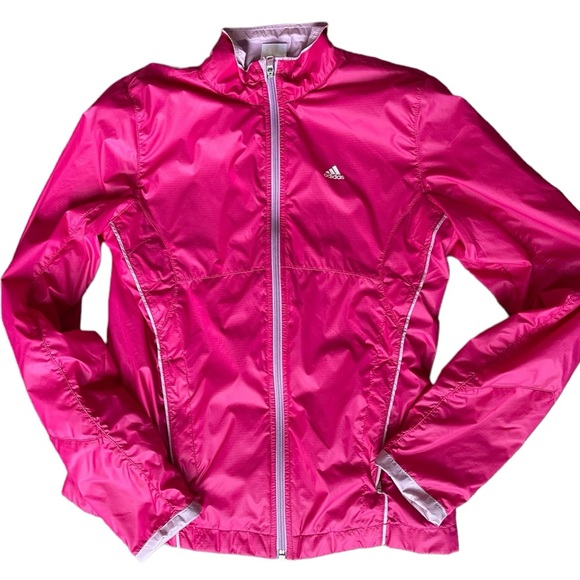 Adidas Women's Small Hot Pink Jacket Windbreaker Full Zip Reflective Strips - Picture 3 of 11